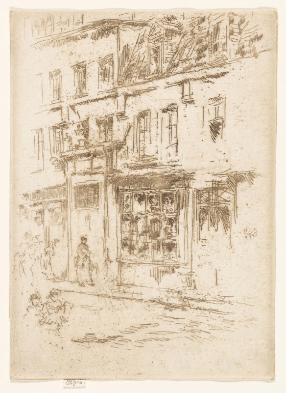 Petite Rue au Beurre, Brussels, 1887, James McNeill Whistler, American, 1834-1903, United States, Etching with foul biting in brown ink on ivory laid paper, 134 x 97 mm (image, trimmed within plate mark), 137 x 97 mm (sheet)