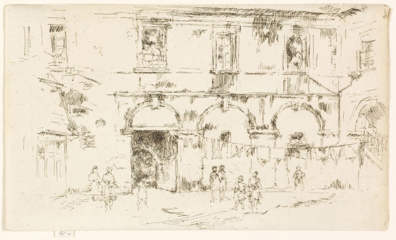 Court of the Monastery of St Augustine, Bourges, 1888, James McNeill Whistler, American, 1834-1903, United States, Etching with foul biting in dark brown ink on ivory laid paper, 129 x 219 mm (image, trimmed within plate mark), 133 x 219 mm (sheet)