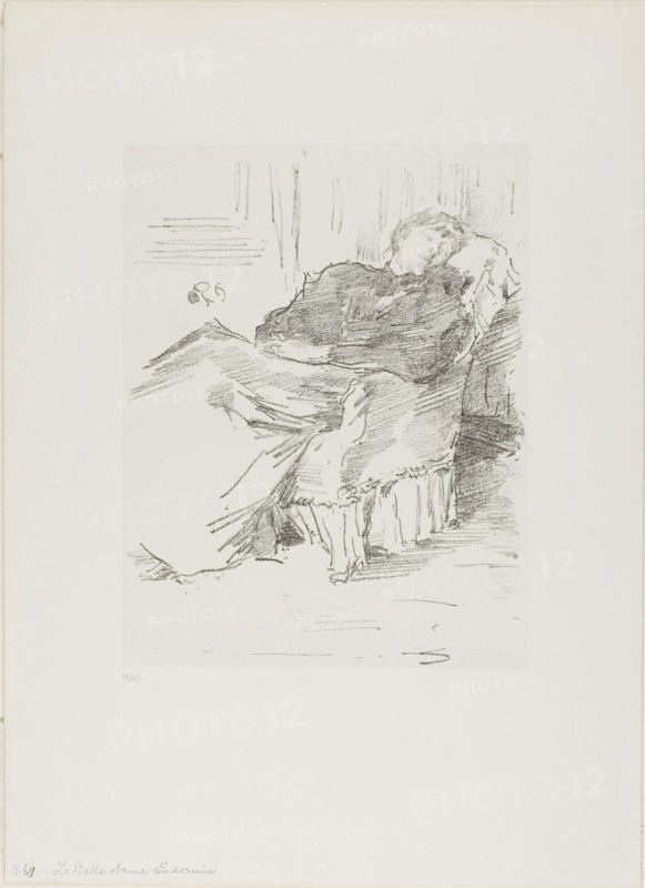 La Belle Dame endormie, 1894, James McNeill Whistler, American, 1834-1903, United States, Transfer lithograph in black on grayish white chine, laid down on white plate paper, 202 x 156 mm (image), 205 x 159 mm (primary support), 345 x 251 mm (secondary support)