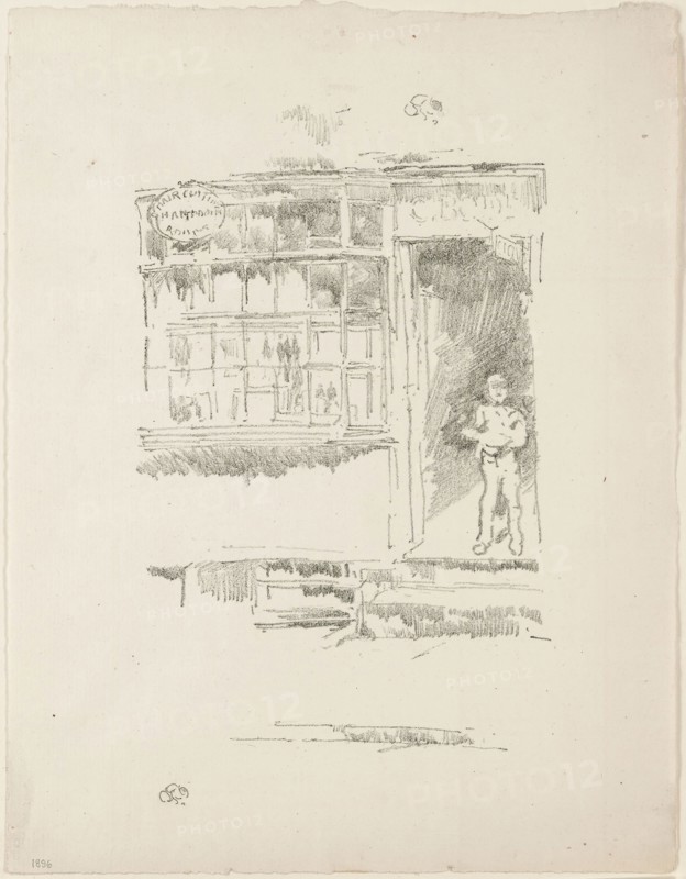The Barber’s Shop in the Mews, 1896, James McNeill Whistler, American, 1834-1903, United States, Transfer lithograph in black on ivory laid paper, 192 x 120 mm (image), 254 x 195 mm (sheet)