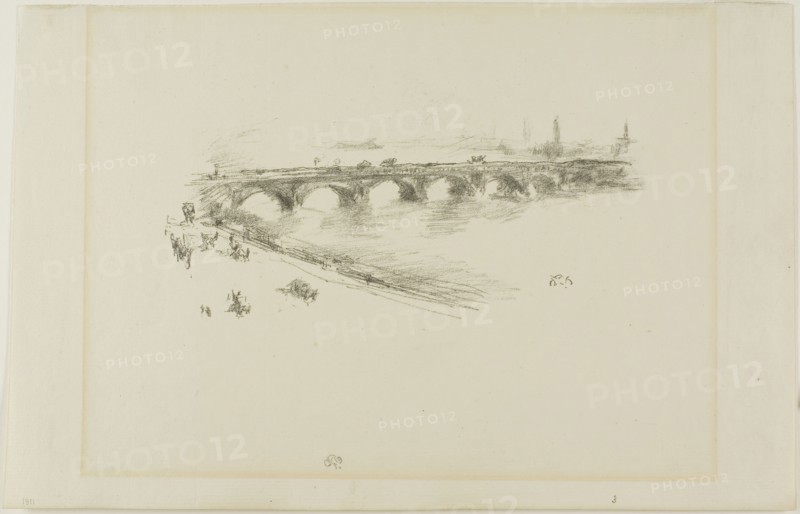 Evening, Little Waterloo Bridge, 1896, James McNeill Whistler, American, 1834-1903, United States, Transfer lithograph in black with stumping, on cream laid paper, 93 x 194 mm (image), 202 x 314 mm (sheet)