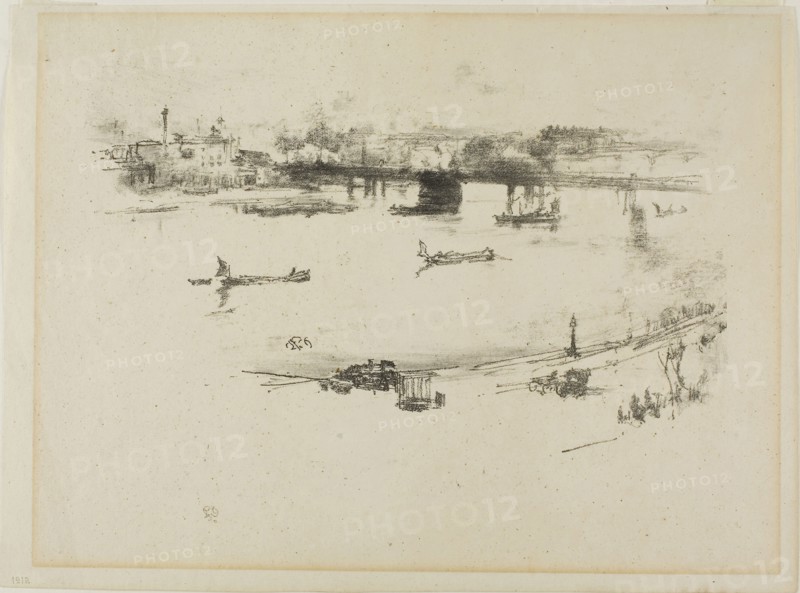 Charing Cross Railway Bridge, 1896, James McNeill Whistler, American, 1834-1903, United States, Transfer lithograph in black with stumping, scraping, and incising, on cream laid paper, 130 x 216 mm (image), 190 x 278 mm (sheet)