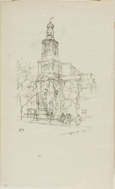 St. Anne’s, Soho, 1896, James McNeill Whistler, American, 1834-1903, United States, Transfer lithograph in black on ivory laid paper, 192 x 134 mm (image), 301 x 182 mm (sheet)