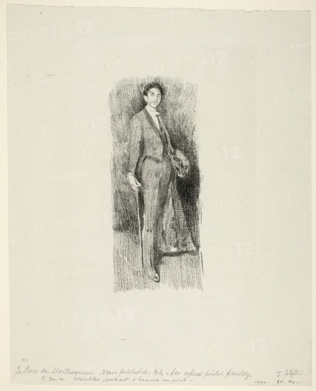 Count Robert de Montesquiou, 1894, Beatrix Godwin Whistler (English, 1857-1896), after James McNeill Whistler (American, 1834-1903), England, Transfer lithograph in black on off-white Asian paper, 212 × 91 mm (image), 362 × 294 mm (sheet)