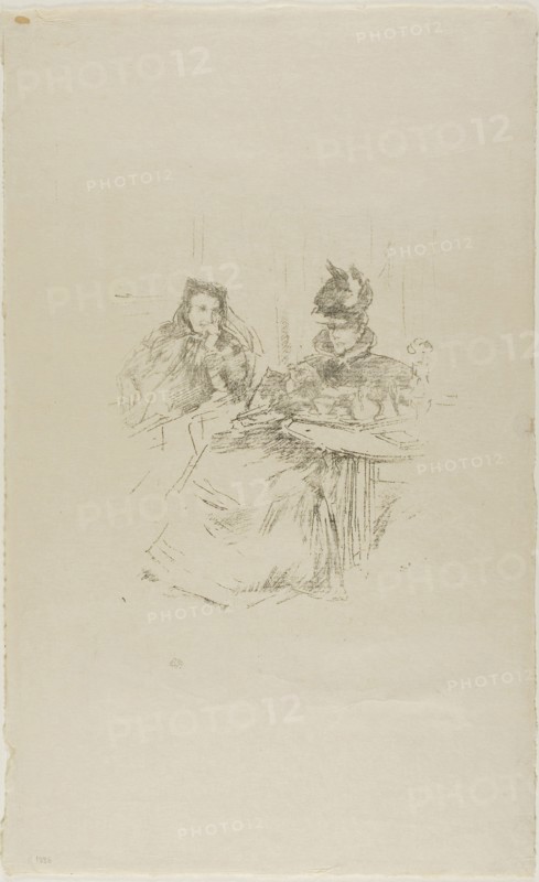 Afternoon Tea, 1897, James McNeill Whistler, American, 1834-1903, United States, Transfer lithograph in various black inks, on tan laid Japanese vellum, 185 x 157 mm (image), 397 x 243 mm (sheet)