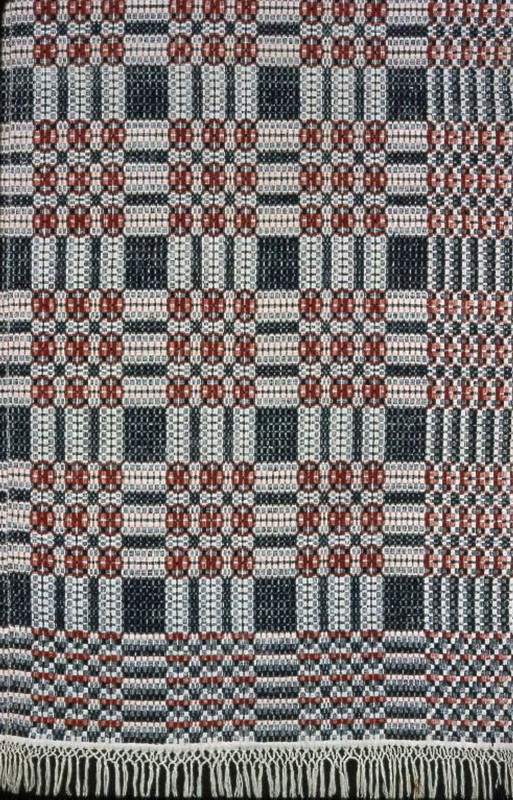 Coverlet, 1820/30, United States, Cotton and wool, plain weave with supplementary patterning wefts (overshot), two loom widths joined, 236.2 x 180.3 cm (93 1/2 x 71 in.)