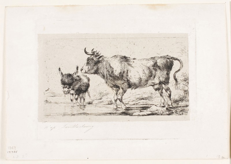 The Cow and Ass, 1849, Charles Meryon (French, 1821-1868), after Philip Jacques de Loutherbourg (French, 1740-1812), France, Etching on buff chine, laid down on ivory wove paper, 65 × 120 mm (image), 100 × 133 mm (plate), 73 × 126 mm (primary support), 130 × 184 mm (secondary support)