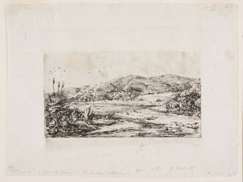 The Little French Colony at Akaroa, 1845, 1865, Charles Meryon, French, 1821-1868, France, Etching with burnishing on grayish-ivory China paper, 93 × 145 (image, including stray marks), 139 × 154 mm (plate), 159 × 213 mm (sheet)