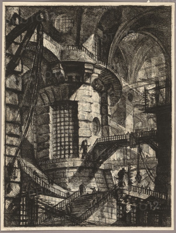 The Round Tower, plate 3 from the second edition of Carceri d’invenzione (Imaginary Prisons), 1750, reworked 1761, Giovanni Battista Piranesi, Italian, 1720-1778, Italy, Etching, engraving, sulphur tint, and burnishing in black on ivory laid paper, 542 x 410 mm (image), 549 x 416 mm (plate), 561 x 425 mm (sheet)
