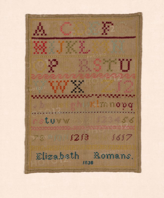 Sampler, 1838, Elizabeth (née Romans) Clarke (Canadian, 1830(?)-1899), Canada, possibly Ontario, Canada, Linen, plain weave, embroidered with wool yarns in Algerian eye, cross, crossed back, hem, and Rice stitches, 42.5 × 30.8 cm (16 3/4 × 12 1/8 in.)