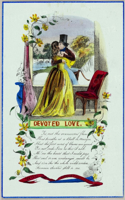 Devoted Love (valentine), c. 1840, Unknown Artist, English, 19th century, England, Lithograph with hand-coloring on blue-green laid paper, 184 × 114 mm (folded sheet)