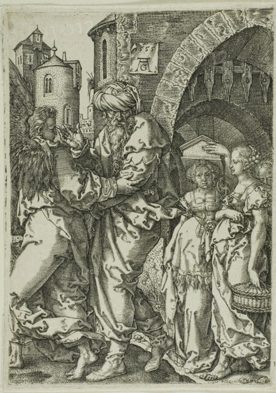 Lot and His Family Fleeing from Sodom, from The Story of Lot, 1555, Heinrich Aldegrever, German, 1502-c.1560, Germany, Engraving in black on ivory laid paper, 115 x 80 mm (plate), 124 x 80 mm (sheet)