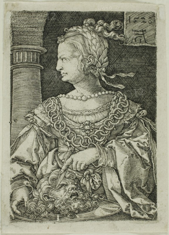 Judith with the Head of Holofernes, 1528, Heinrich Aldegrever, German, 1502-c.1560, Germany, Engraving in black on ivory laid paper, 80 x 55 mm (plate), 86 x 62 mm (sheet)
