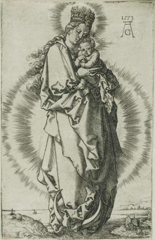 The Virgin and Child on a Crescent Moon, 1553, Heinrich Aldegrever, German, 1502-c.1560, Germany, Engraving in black on ivory laid paper, 117 x 75 mm (image/plate/sheet)