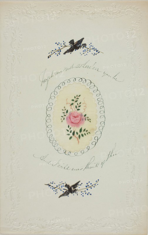 Forget Me Not Where’eer You Be (valentine), c. 1850, George Kershaw, English, 19th century, England, Collaged elements, watercolor, and pen and blue ink on cut and embossed ivory wove paper, 180 × 114 mm (folded sheet)