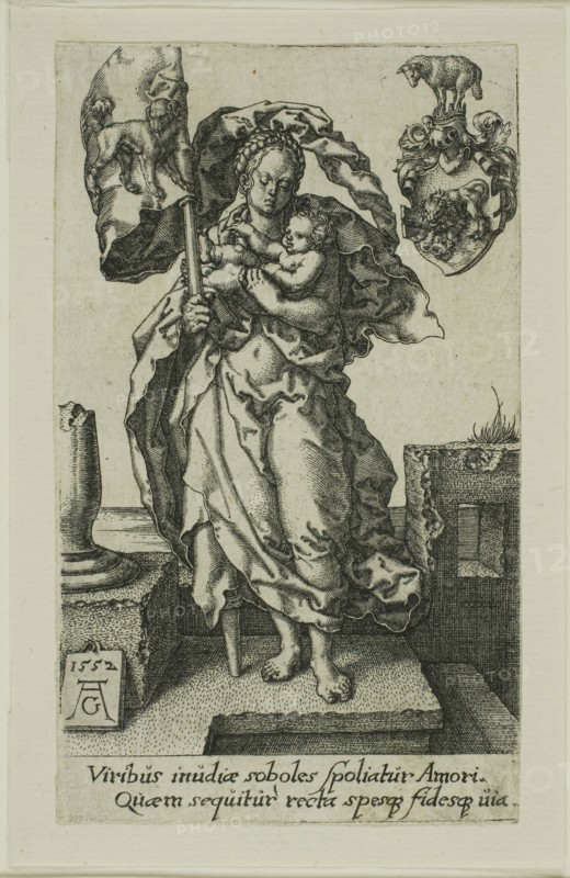 Compassion, from the Virtues, 1552, Heinrich Aldegrever, German, 1502-c.1560, Germany, Engraving in black on ivory laid paper, 104 x 62 mm (image/plate)