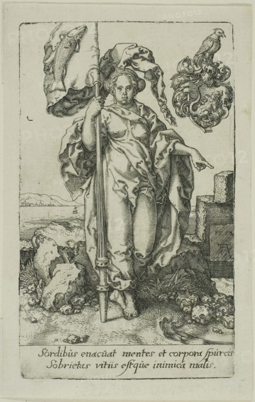 Temperance, from the Virtues, 1552, Heinrich Aldegrever, German, 1502-c.1560, Germany, Engraving in black on ivory laid paper, 104 x 62 mm (image/plate)