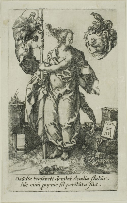 Diligence, from the Virtues, 1552, Heinrich Aldegrever, German, 1502-c.1560, Germany, Engraving in black on ivory laid paper, 104 x 62 mm (image/plate)