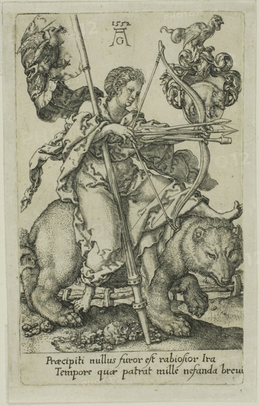 Wrath, from the Vices, 1552, Heinrich Aldegrever, German, 1502-c.1560, Germany, Engraving in black on ivory laid paper, 103 x 62 mm (image/plate)