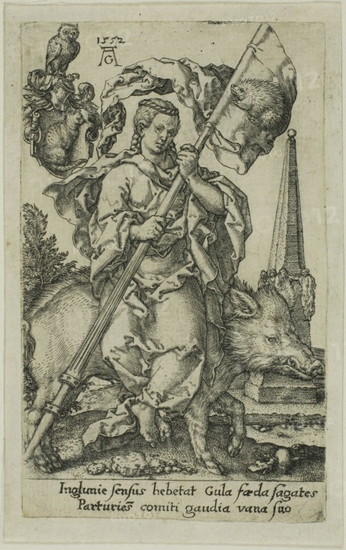 Gluttony, from the Vices, 1552, Heinrich Aldegrever, German, 1502-c.1560, Germany, Engraving in black on ivory laid paper, 103 x 62 mm (image/plate)