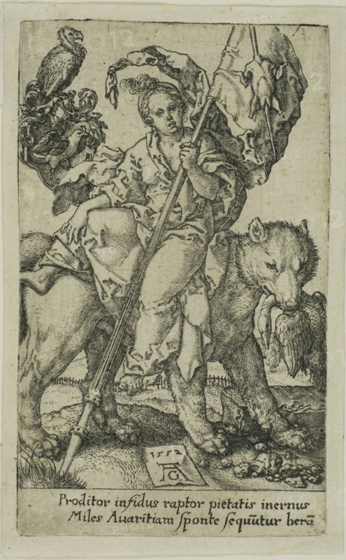 Avarice, from the Vices, 1552, Heinrich Aldegrever, German, 1502-c.1560, Germany, Engraving in black on ivory laid paper, 103 x 62 mm (image/plate)