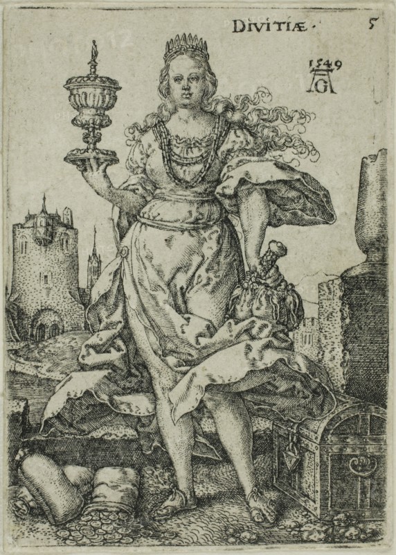 Wealth, plate five from Virtues and Vices, 1549, Heinrich Aldegrever, German, 1502-c.1560, Germany, Engraving in black on ivory laid paper, 71.1? x 50 mm (image/plate)