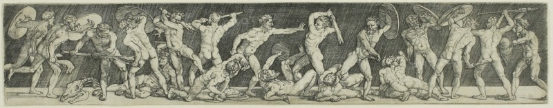Battle of Eighteen Nude Men, c. 1520, Barthel Beham, German, 1502-1540, Germany, Engraving in black on ivory laid paper, 53 x 286 mm (image/plate/sheet)