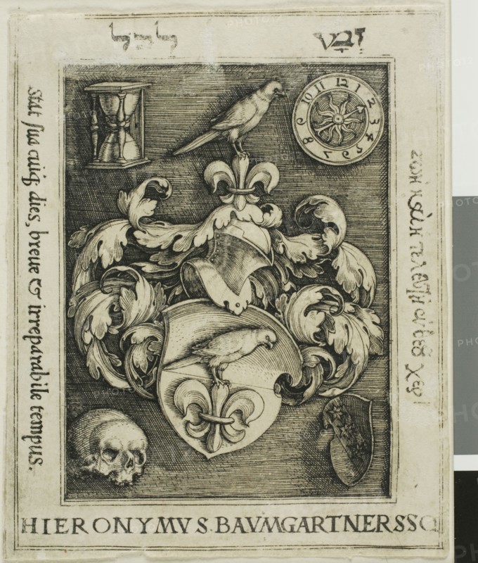 Bookplate of Hieronymous Baumgärtner, 1522/40, Barthel Beham, German, 1502-1540, Germany, Engraving in black on ivory laid paper, 86 x 70 mm (image/sheet, trimmed within plate mark)