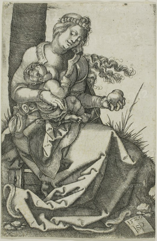 The Virgin with the Pear, 1520, Sebald Beham, German, 1500-1550, Germany, Engraving in black on ivory laid paper, 112 x 74 mm (image/sheet, trimmed within plate mark)