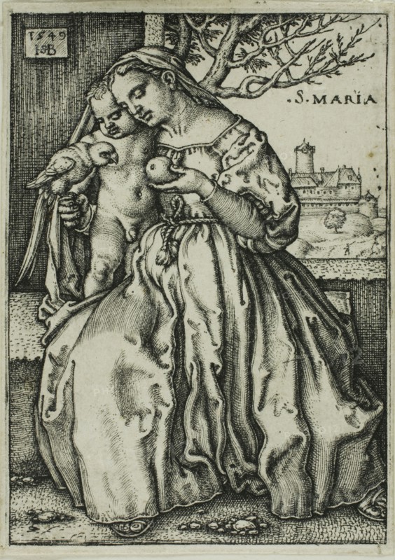 The Virgin and Child with the Parrot, 1549, Sebald Beham (German, 1500-1550), after Barthel Beham (German, 1502-1540), Germany, Engraving in black on ivory laid paper, 81 x 57 mm (image/plate), 83 x 59 mm (sheet)