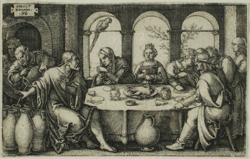 The Wedding at Canaan, n.d., Sebald Beham, German, 1500-1550, Germany, Engraving in black on ivory laid paper, 46 x 74 mm (image/sheet, trimmed within plate mark)
