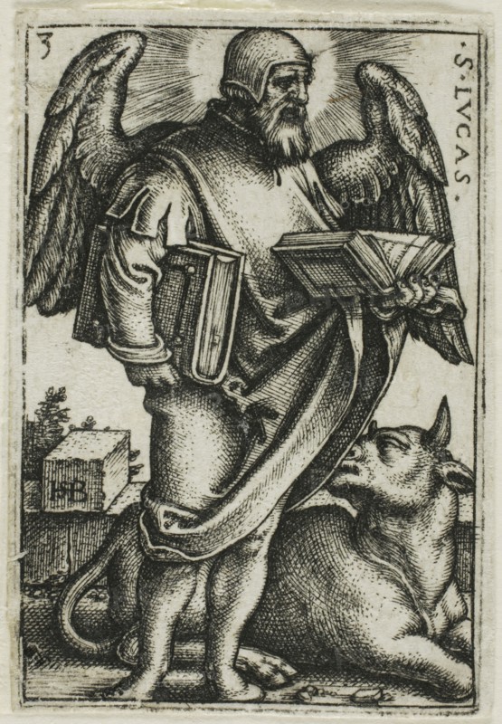 St. Luke, from The Four Evangelists, 1541, Sebald Beham, German, 1500-1550, Germany, Engraving in black on ivory laid paper, 43 x 29 mm (image/plate), 45 x 30 mm (sheet)
