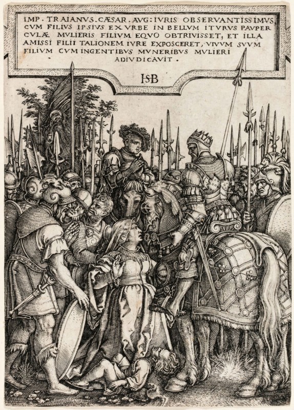 Trajan’s Justice, 1537, Sebald Beham, German, 1500-1550, Germany, Engraving in black on ivory laid paper, 109 x 78 mm (image/sheet, trimmed within plate mark)