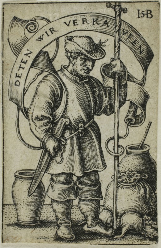 The Market Peasant, c. 1542, Sebald Beham, German, 1500-1550, Germany, Engraving in black on ivory laid paper, 39.5 x 26 mm (image/sheet, trimmed within plate mark)