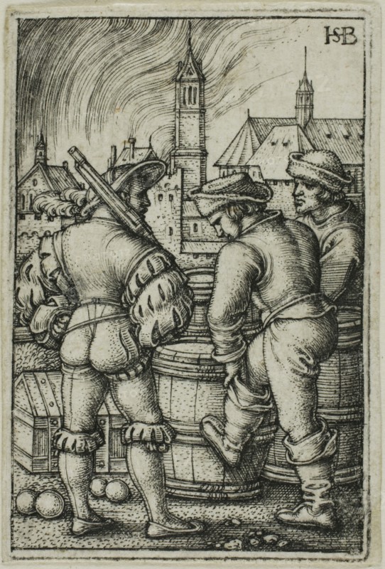 The Guard Near the Powder Casks, n.d., Sebald Beham, German, 1500-1550, Germany, Engraving in black on ivory laid paper, 45.5 x 30 mm (image/plate), 46 x 31 mm (sheet)