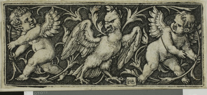 Ornament with an Eagle and Two Genii, from Four Vignettes, c. 1544, Sebald Beham, German, 1500-1550, Germany, Engraving in black on ivory laid paper, 22 x 52 mm (image/plate), 23 x 53 mm (sheet)