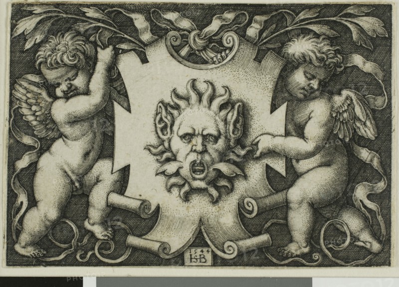 Ornament with a Mask Held by Two Genii, 1544, Sebald Beham, German, 1500-1550, Germany, Engraving in black on ivory laid paper, 49 x 71 mm (image), 49 x 72 mm (sheet)