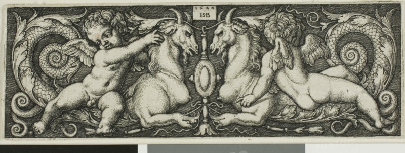 Ornament with Two Genii Riding Chimerical Beasts, 1544, Sebald Beham, German, 1500-1550, Germany, Engraving in black on ivory laid paper, 34 x 99 mm (image/plate), 35 x 100 mm (sheet)