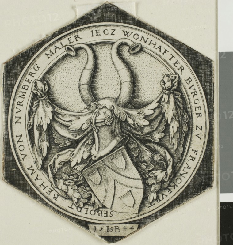 Coat of Arms of Sebald Beham, 1544, Sebald Beham, German, 1500-1550, Germany, Engraving in black on ivory laid paper, 69 x 59 mm (sheet, trimmed to image)