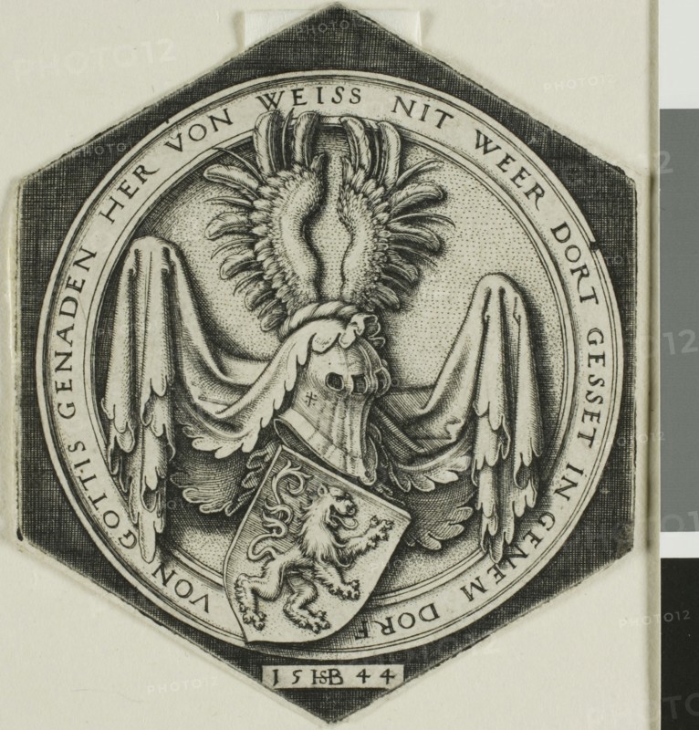 Coat of Arms with a Rampant Lion, 1544, Sebald Beham, German, 1500-1550, Germany, Engraving in black on ivory laid paper, 69 x 59 mm (sheet, trimmed to image)
