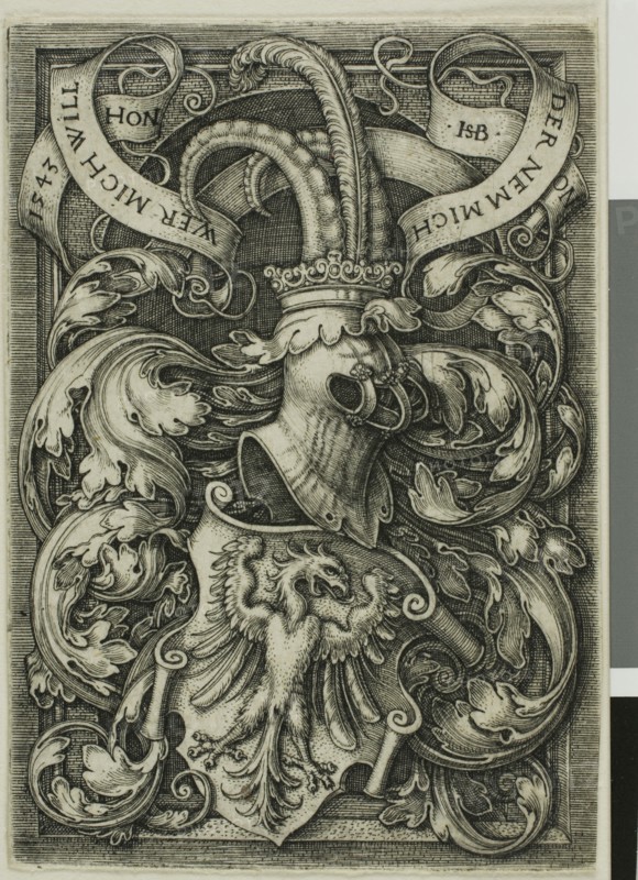 Coat of Arms with an Eagle, 1543, Sebald Beham, German, 1500-1550, Germany, Engraving in black on ivory laid paper, 72 x 50 mm (image/sheet, trimmed to platemark)