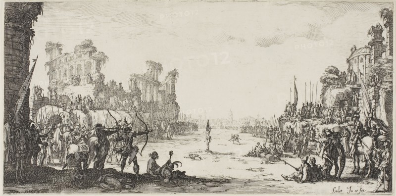 The Martyrdom of Saint Sebastian, n.d., Jacques Callot, French, 1592-1635, France, Etching on paper, 158 × 321 mm (sheet, plate trimmed)