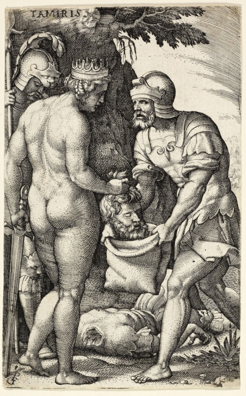 Tamiris, from Greek Heroines, c. 1539, Georg Pencz, German, c. 1500-1550, Germany, Engraving in black on ivory laid paper, 118 x 74 mm (sheet)