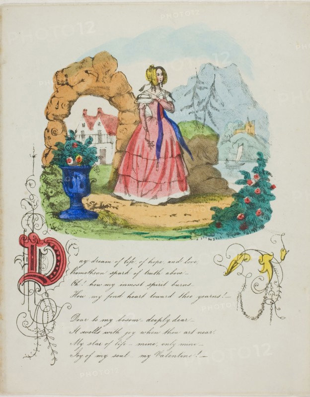 Day Dream of Life, of Hope, and Love (valentine), c. 1842, Unknown Artist, English, 19th century, England, Lithograph with hand-coloring on ivory wove paper, 233 × 185 mm (folded sheet)
