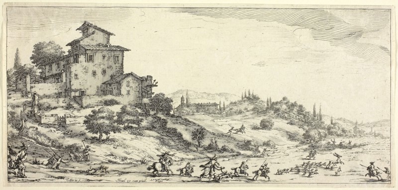 The Stag Hunt, from Various Scenes Designed in Florence, 1618–20, Jacques Callot, French, 1592-1635, France, Etching on paper, 111 × 243 mm (image), 117 × 248 mm (sheet)