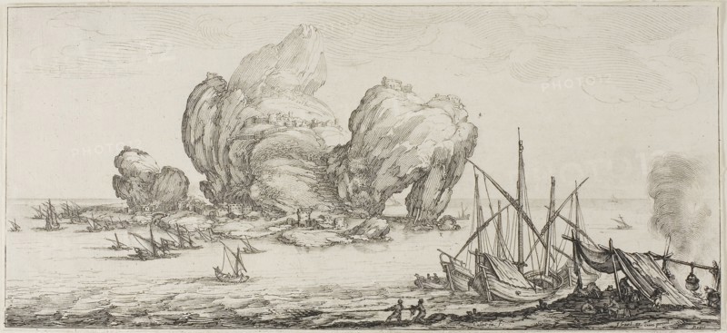 The Naval Battle, from Various Scenes Designed in Florence, 1618–20, Jacques Callot, French, 1592-1635, France, Etching on paper, 110 × 245 mm (image), Handkerchief, 19th century, France, Alsace, France, Cotton, 125.8 × 138.5 (49 1/2 × 54 1/2 in.)