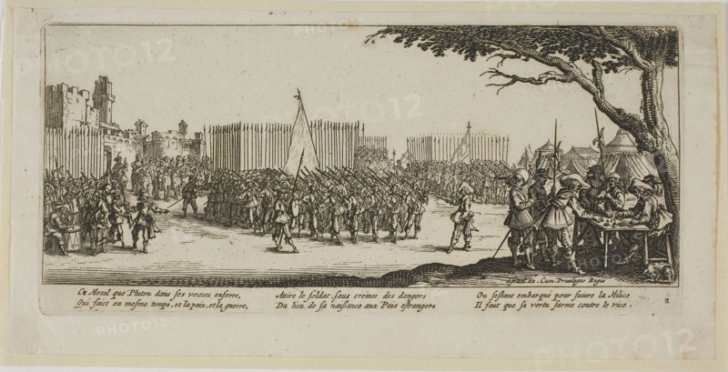 Recruitment of Troops, plate two from The Large Miseries of War, n.d., Gerrit Lucasz van Schagen (Dutch, born 1642), after Jacques Callot (French, 1592-1635), Netherlands, Etching on paper, 75 x 182 mm (image), 84 x 184 mm (plate), 100 x 202 mm (sheet)