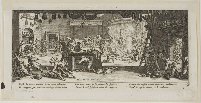 Plundering a Large Farmhouse, plate five from The Large Miseries of War, n.d., Gerrit Lucasz van Schagen (Dutch, born 1642), after Jacques Callot (French, 1592-1635), Netherlands, Etching on paper, 74 x 179 mm (image), 86 x 183 mm (plate), 99 x 197 mm (sheet)