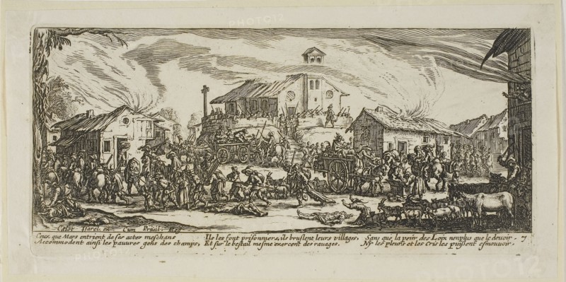 Plundering and Burning a Village, plate seven from The Large Miseries of War, n.d., Gerrit Lucasz van Schagen (Dutch, born 1642), after Jacques Callot (French, 1592-1635), Netherlands, Etching on paper, 74 x 181 mm (image), 84 x 183 mm (plate), 99 x 200 mm (sheet)