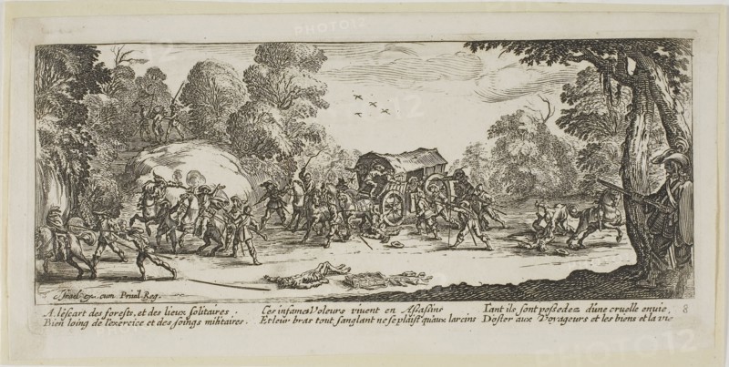 Attack on a Coach, plate eight from The Large Miseries of War, n.d., Gerrit Lucasz van Schagen (Dutch, born 1642), after Jacques Callot (French, 1592-1635), Netherlands, Etching on paper, 73 x 186 mm (image), 84 x 190 mm (plate), 97 x 200 mm (sheet)